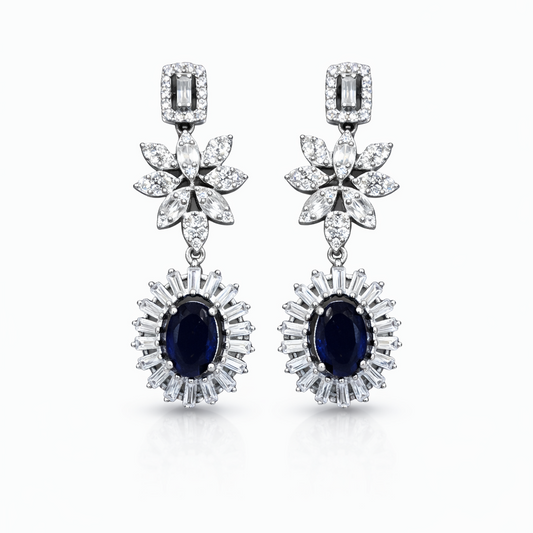 Boucles d’oreilles pendantes joaillerie argent 925 rhodié – Pierre bleue & halo scintillant