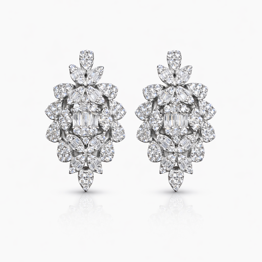 Boucles d’oreilles joaillerie argent 925 rhodié – Motif floral & pierres blanches scintillantes