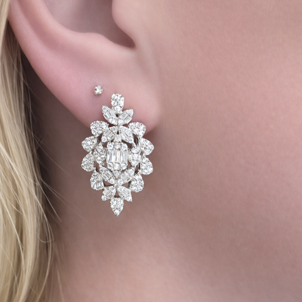 Boucles d’oreilles joaillerie argent 925 rhodié – Motif floral & pierres blanches scintillantes