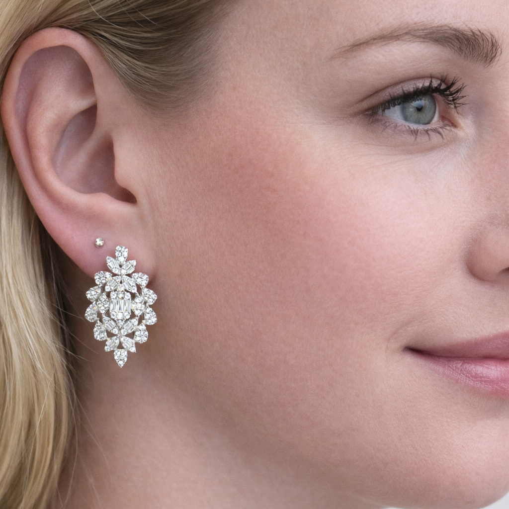 Boucles d’oreilles joaillerie argent 925 rhodié – Motif floral & pierres blanches scintillantes