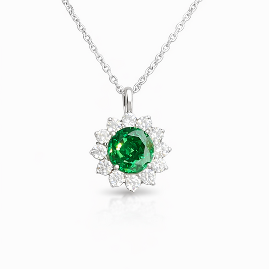 Collier pendentif argent 925 rhodié pierre verte – Style joaillerie halo floral