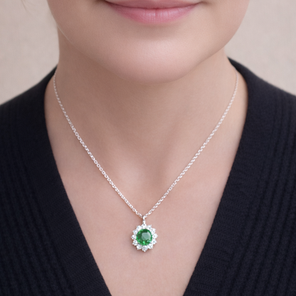Collier pendentif argent 925 rhodié pierre verte – Style joaillerie halo floral