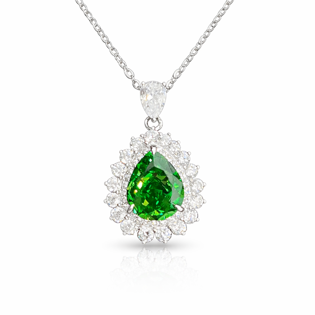 Collier pendentif poire argent 925 rhodié pierre verte – Halo joaillerie éclat diamant