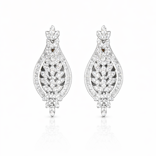 Boucles d’oreilles longues feuille argent 925 rhodié – Zircons blancs – Élégantes & scintillantes