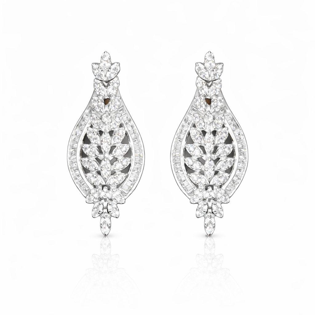 Boucles d’oreilles longues feuille argent 925 rhodié – Zircons blancs – Élégantes & scintillantes