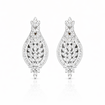 Boucles d’oreilles longues feuille argent 925 rhodié – Zircons blancs – Élégantes & scintillantes