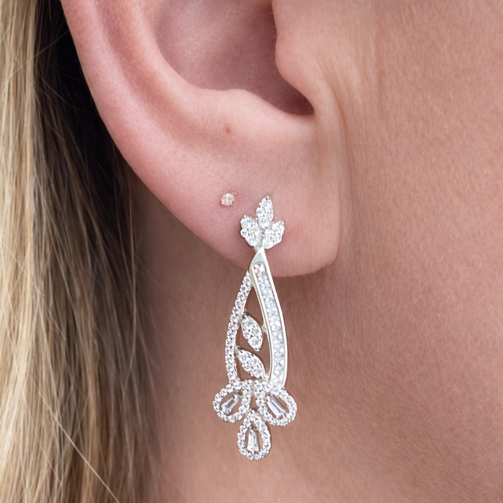 Boucles d’oreilles longues Feuilles en argent 925 rhodié & zircons blancs