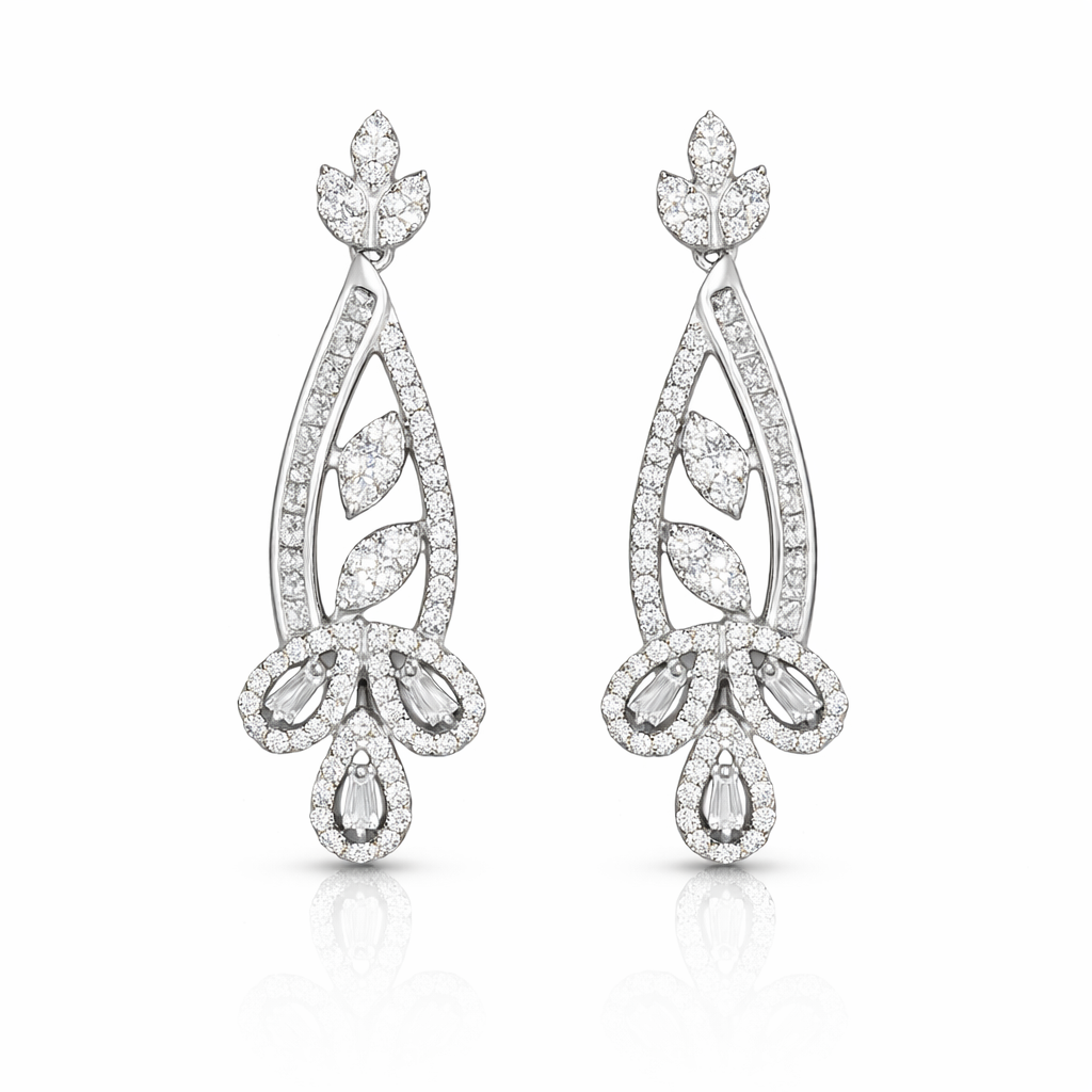 Boucles d’oreilles longues Feuilles en argent 925 rhodié & zircons blancs