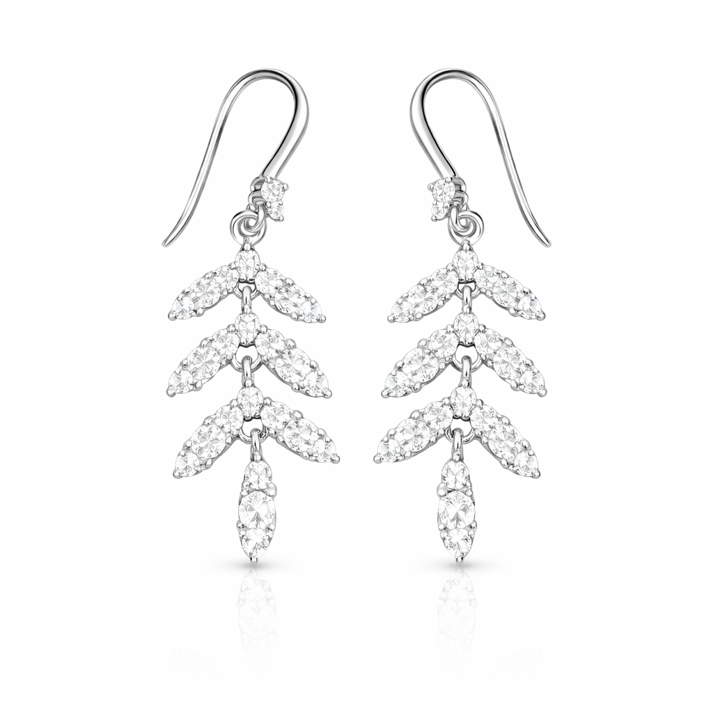 Boucles d’oreilles pendantes Feuilles en argent 925 rhodié & zircons blancs