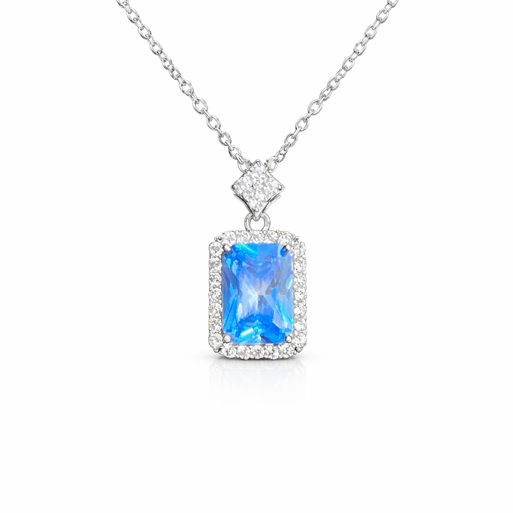Collier pendentif rectangulaire bleu en argent 925 rhodié & zircons blancs