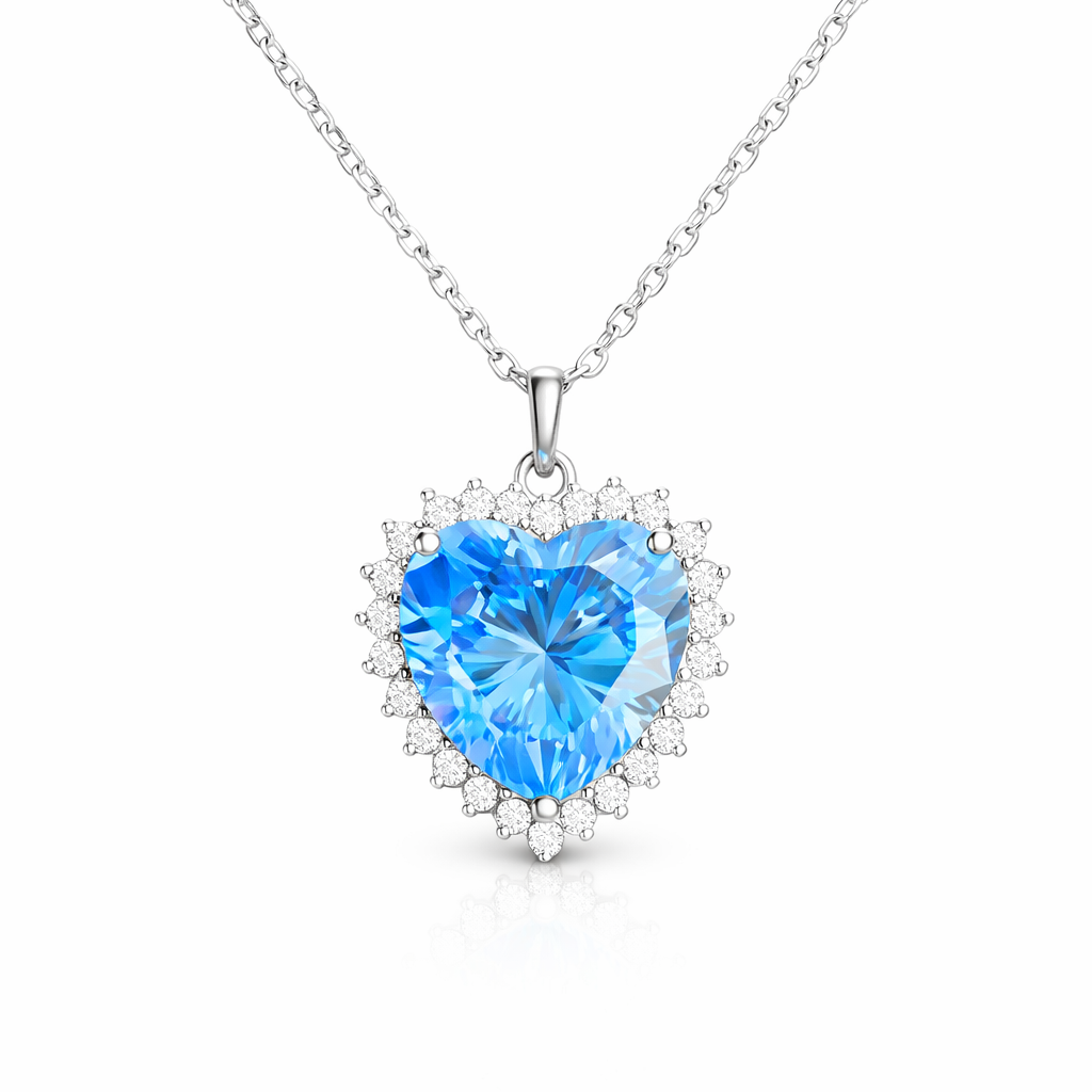 Collier pendentif cœur bleu en argent 925 rhodié & zircons blancs