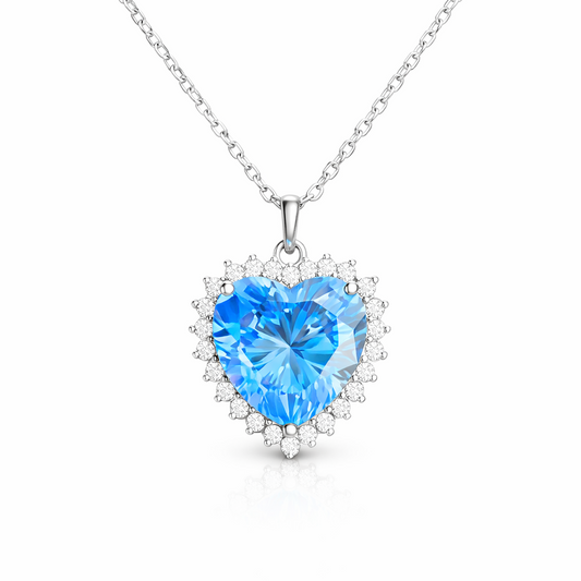 Collier pendentif cœur bleu en argent 925 rhodié & zircons blancs