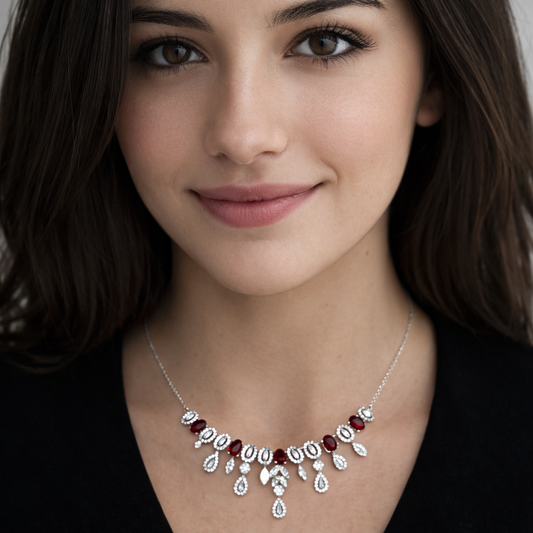 Collier pierres rouges en argent 925 rhodié & zircons blancs