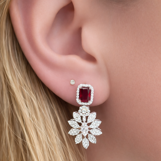 Boucles d’oreilles pierre rouge en argent 925 rhodié & zircons blancs
