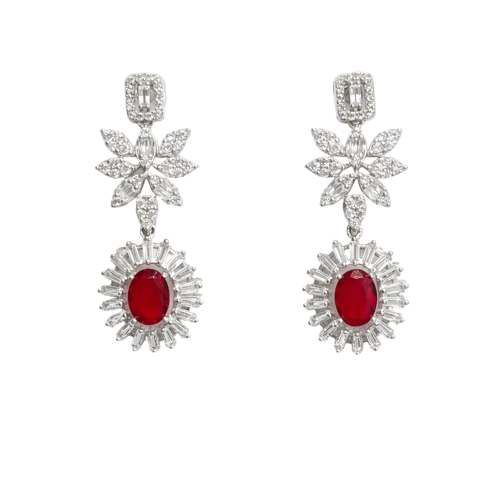 Boucles d’oreilles pierre rouge en argent 925 rhodié & zircons blancs – Motif floral