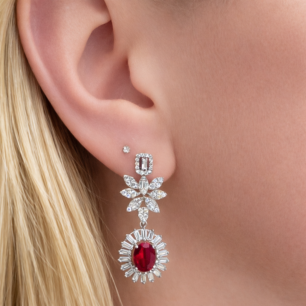 Boucles d’oreilles pierre rouge en argent 925 rhodié & zircons blancs – Motif floral