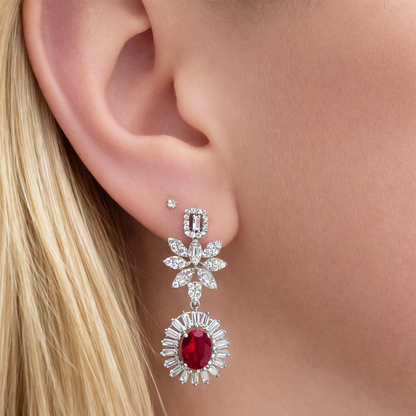 Boucles d’oreilles pierre rouge en argent 925 rhodié & zircons blancs – Motif floral