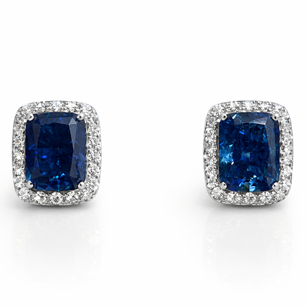 Boucles d’oreilles pierre bleue en argent 925 rhodié & zircons blancs – Clous élégants