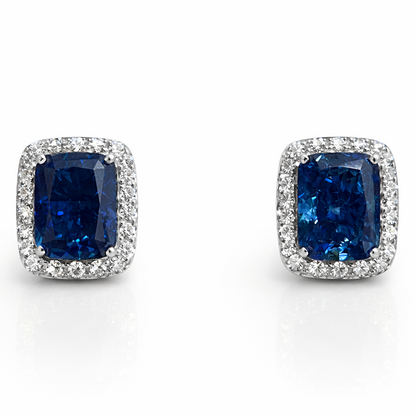 Boucles d’oreilles pierre bleue en argent 925 rhodié & zircons blancs – Clous élégants