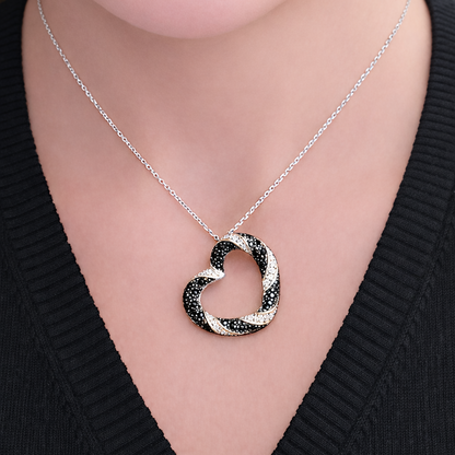 Pendentif Cœur Argent 925 Rhodié – Zircons Noirs & Blancs – Collier Femme Élégant