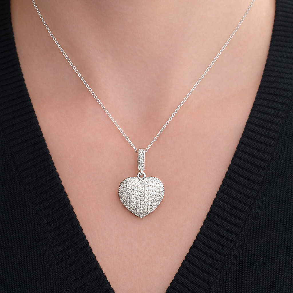 Pendentif Cœur Argent 925 Rhodié Pavé de Zircons Blancs – Collier Femme Élégant