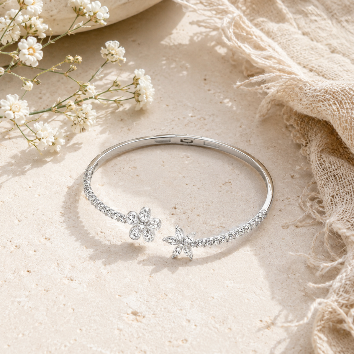 Bracelet argent 925 rhodié fleurs zirconium – Bijou raffiné et élégant