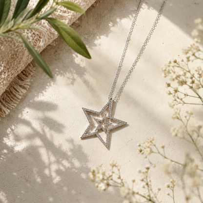 Collier Étoile Double Argent 925 Rhodié – Pendentif Zirconium Brillant