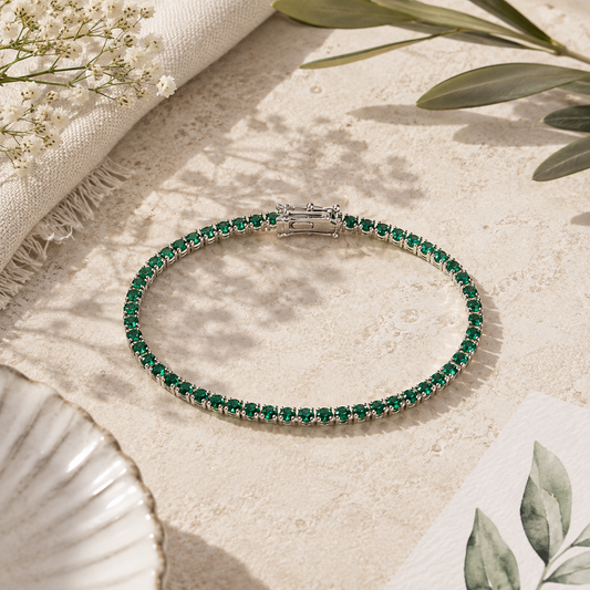 Bracelet tennis argent 925 rhodié – Zirconiums vert émeraude 3 mm