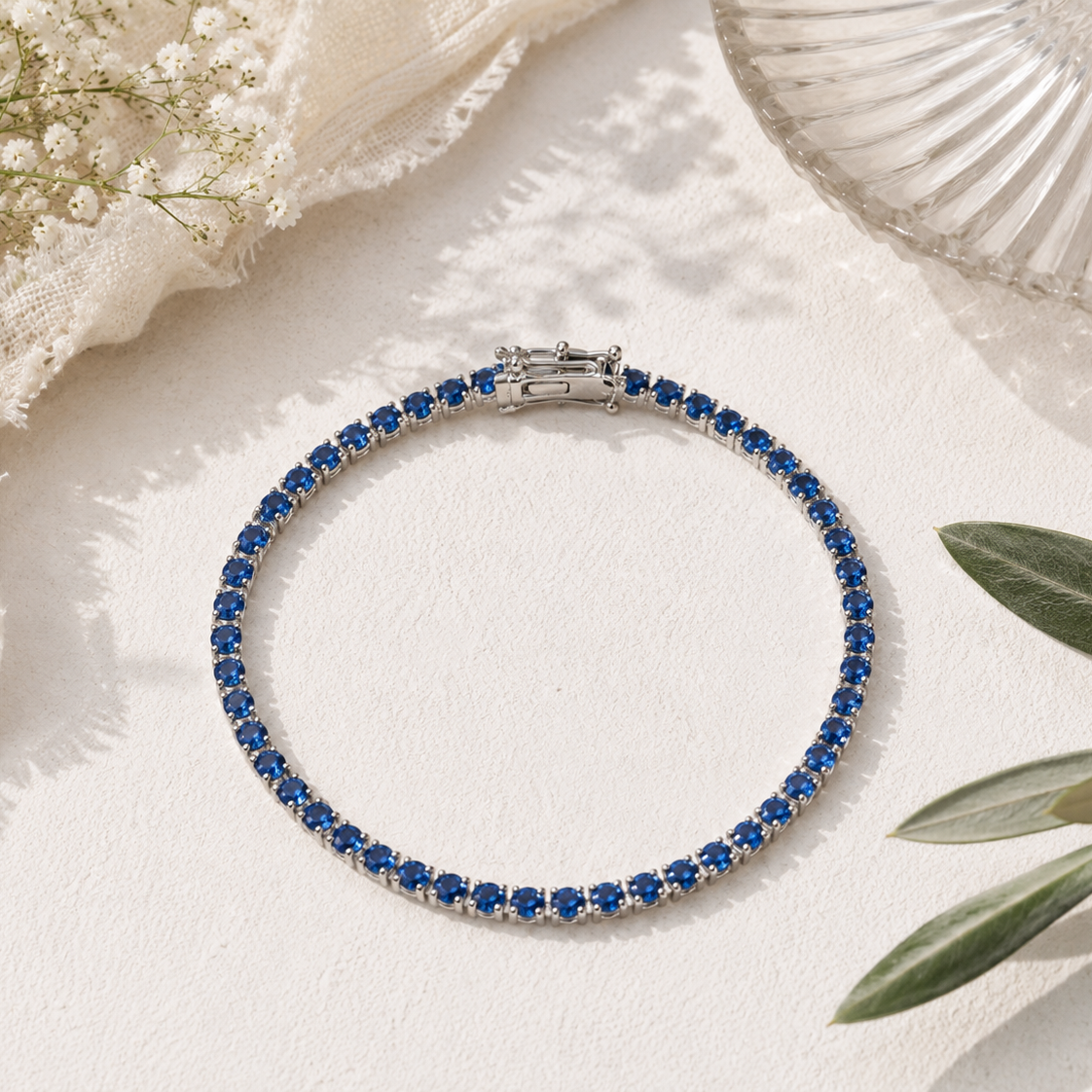 Bracelet tennis argent 925 rhodié – Zirconiums bleu saphir 3 mm