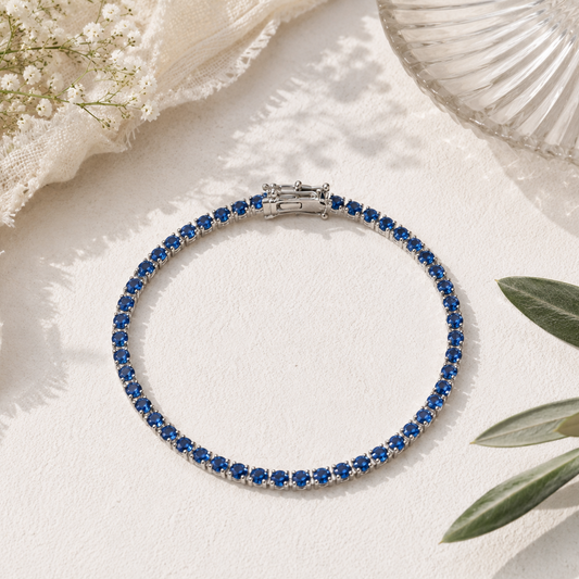 Bracelet tennis argent 925 rhodié – Zirconiums bleu saphir 3 mm