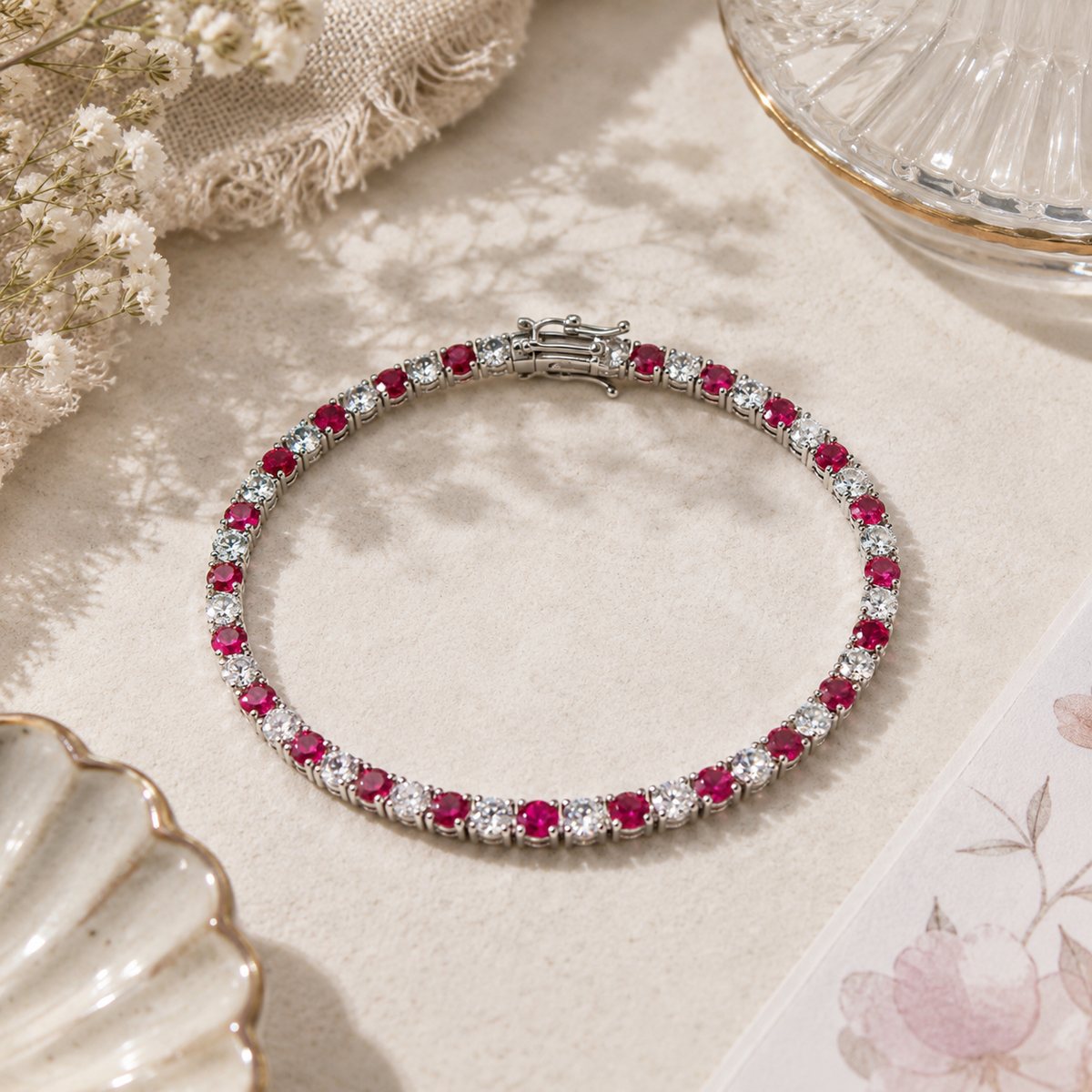 Bracelet tennis en argent 925 rhodié et zirconiums rouges – Élégance éclatante