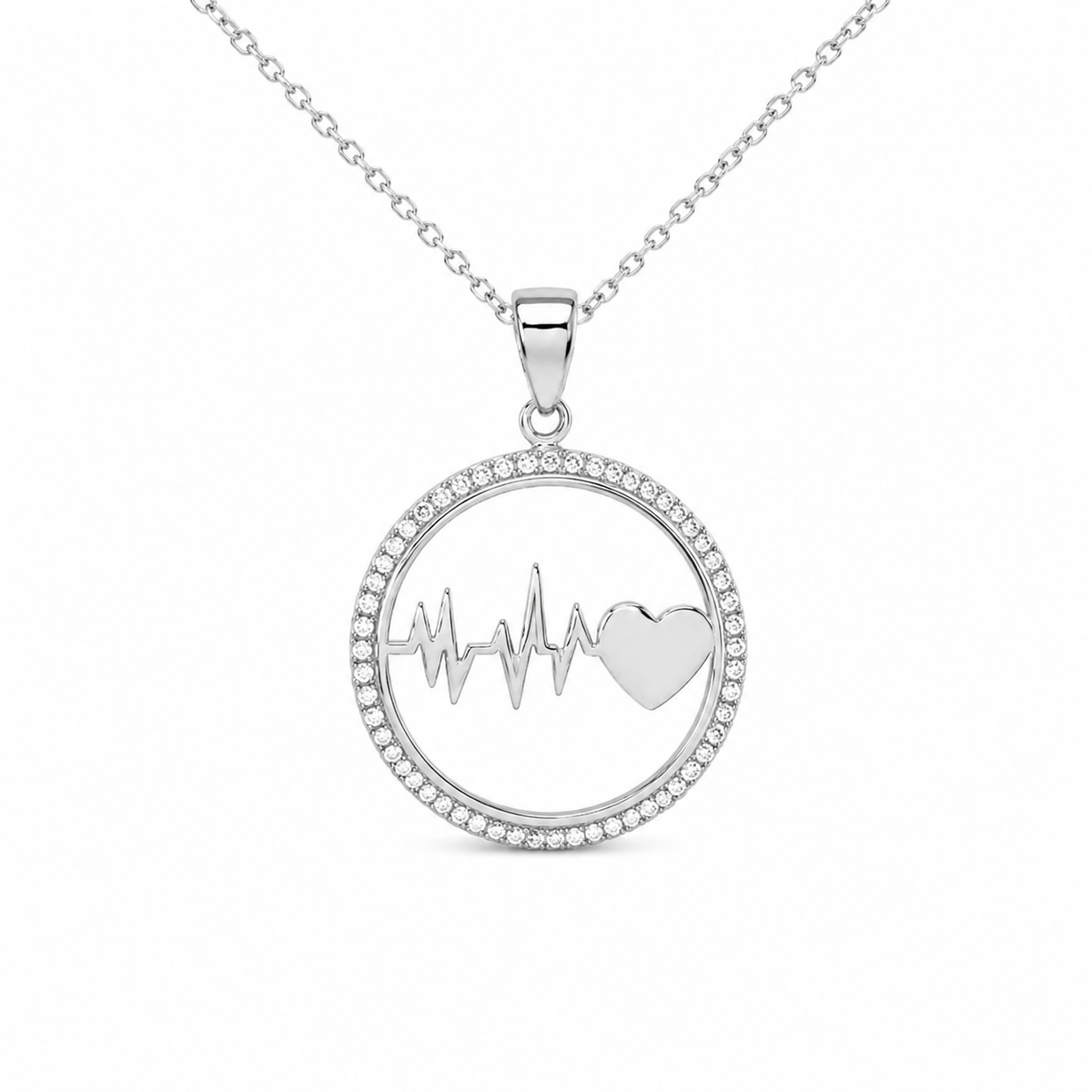 Pendentif battement de cœur en argent 925 rhodié – Cercle zirconiums et symbole de vie