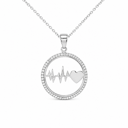 Pendentif battement de cœur en argent 925 rhodié – Cercle zirconiums et symbole de vie