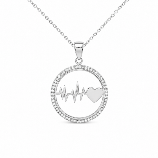 Pendentif battement de cœur en argent 925 rhodié – Cercle zirconiums et symbole de vie