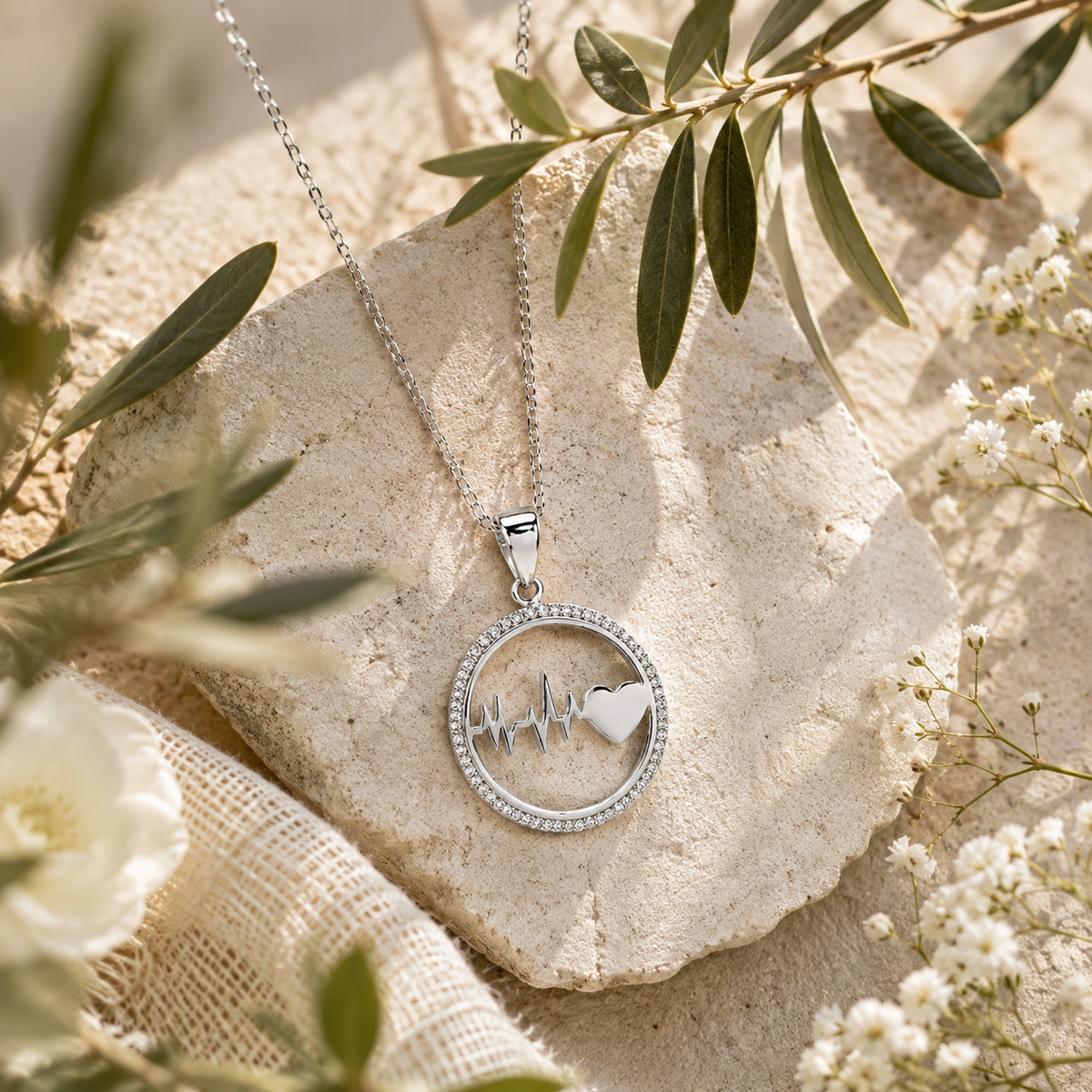 Pendentif battement de cœur en argent 925 rhodié – Cercle zirconiums et symbole de vie
