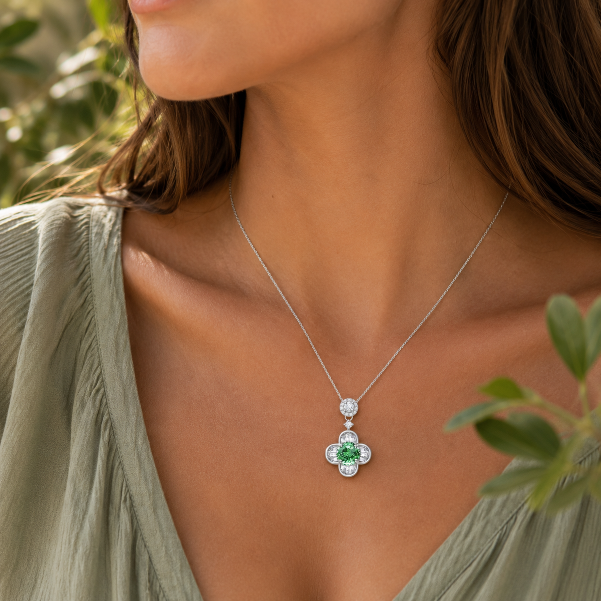 Collier Femme Argent 925 avec Pierre Verte et Trèfle en Zircons – Élégance et Symbolique