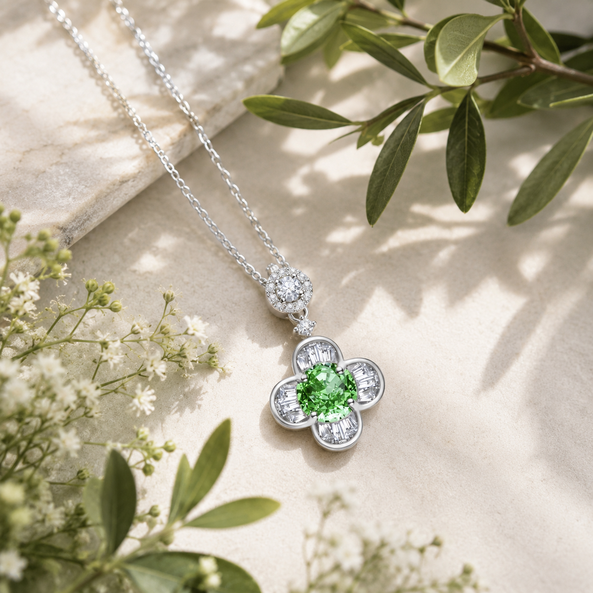 Collier Femme Argent 925 avec Pierre Verte et Trèfle en Zircons – Élégance et Symbolique