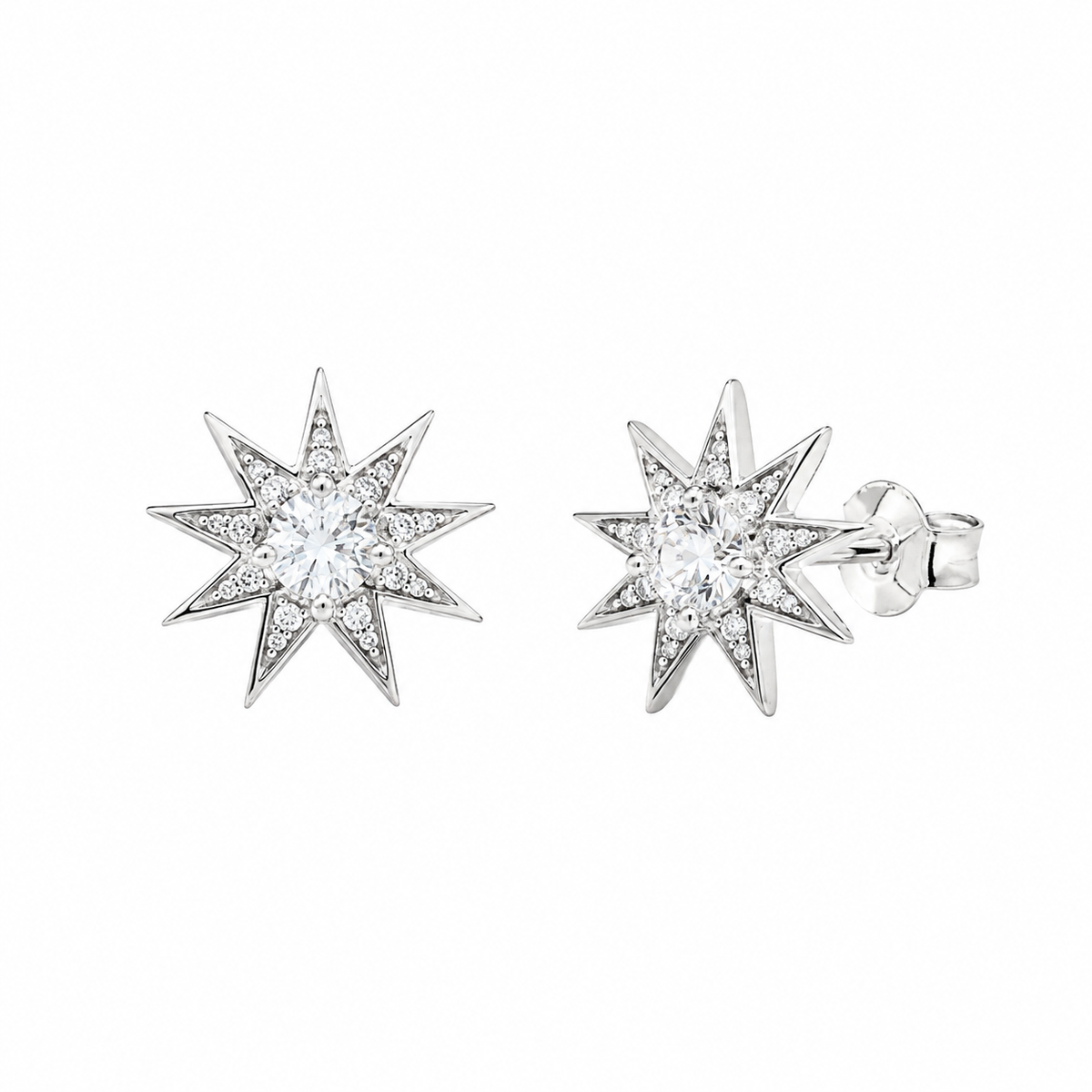 Boucles d'oreilles puces Étoile du Nord en argent 925 rhodié, ornées de zirconiums blancs scintillants, fermoir poussette – Jessilver.