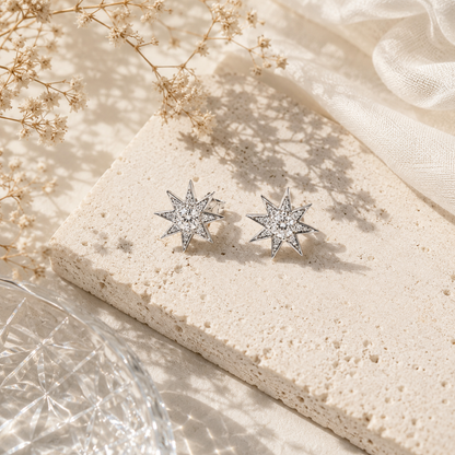 Boucles d'oreilles puces Étoile du Nord en argent 925 rhodié, ornées de zirconiums blancs scintillants, fermoir poussette – Jessilver.