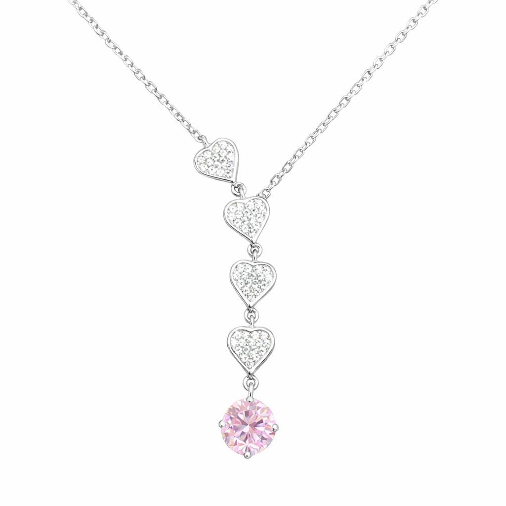Collier cœurs en cascade avec pierre rose – Argent 925 rhodié