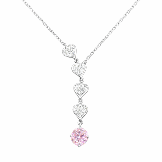 Collier cœurs en cascade avec pierre rose – Argent 925 rhodié