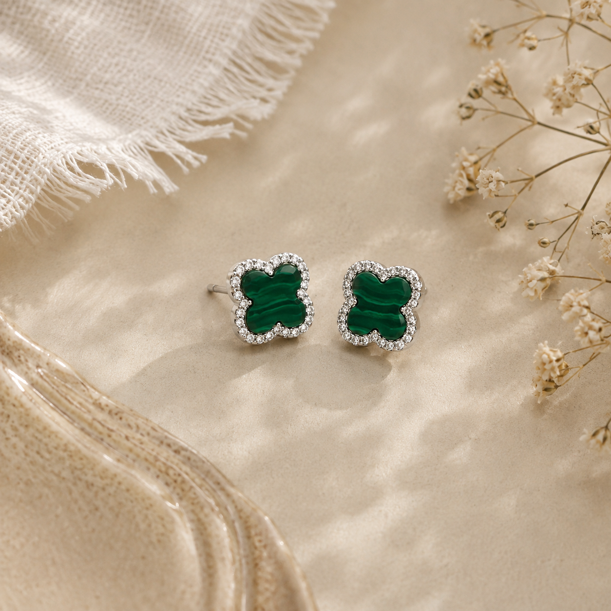 Boucles d’oreilles Trèfle Vert – Argent 925 & Zirconiums