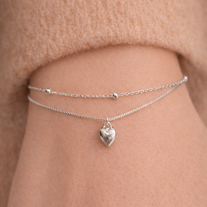 Bracelet Double Chaîne Argent 925 Rhodié avec Cœur – Bijou Femme Élégant