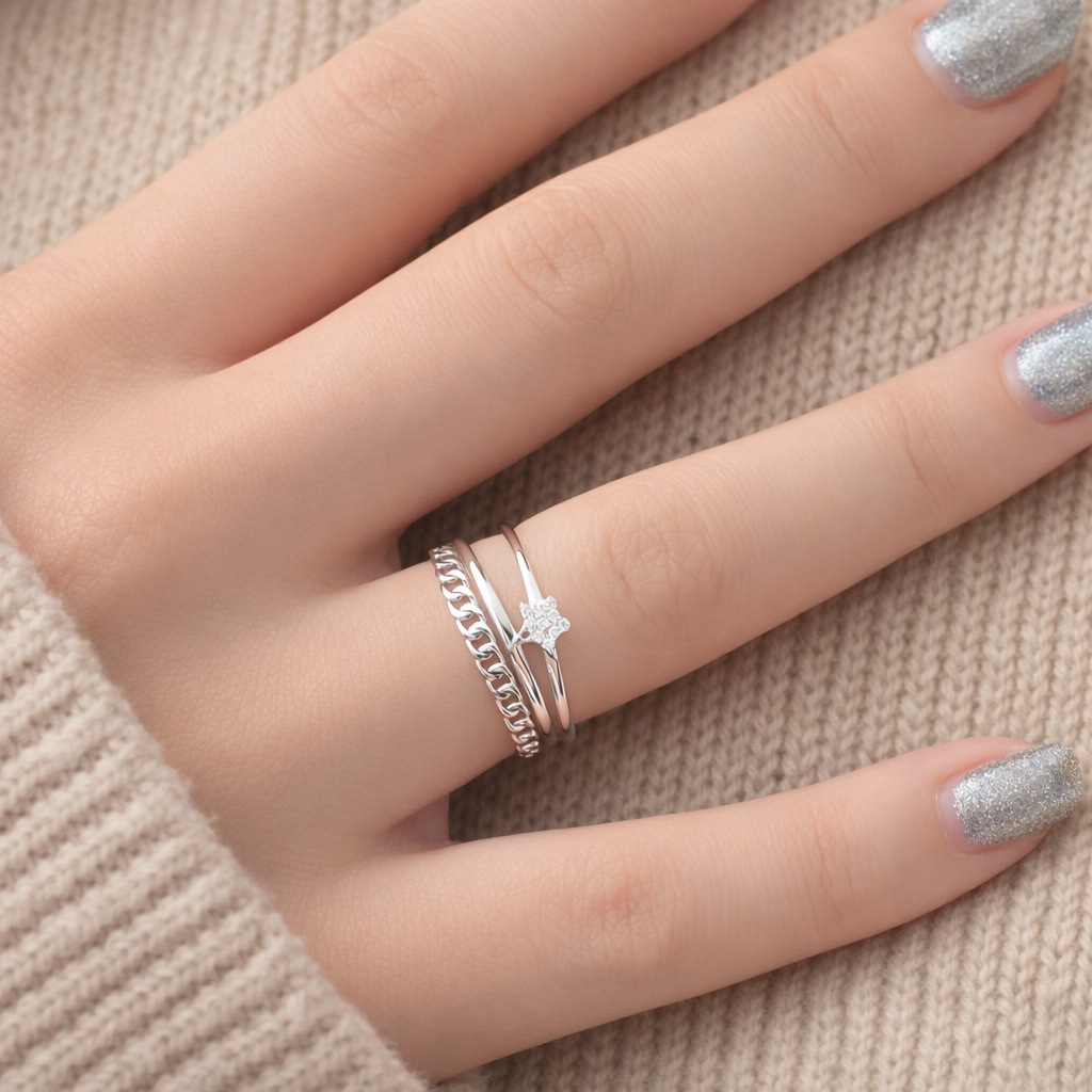Bague Étoile Chaîne Argent 925 Rhodié – Bague Ajustable Femme