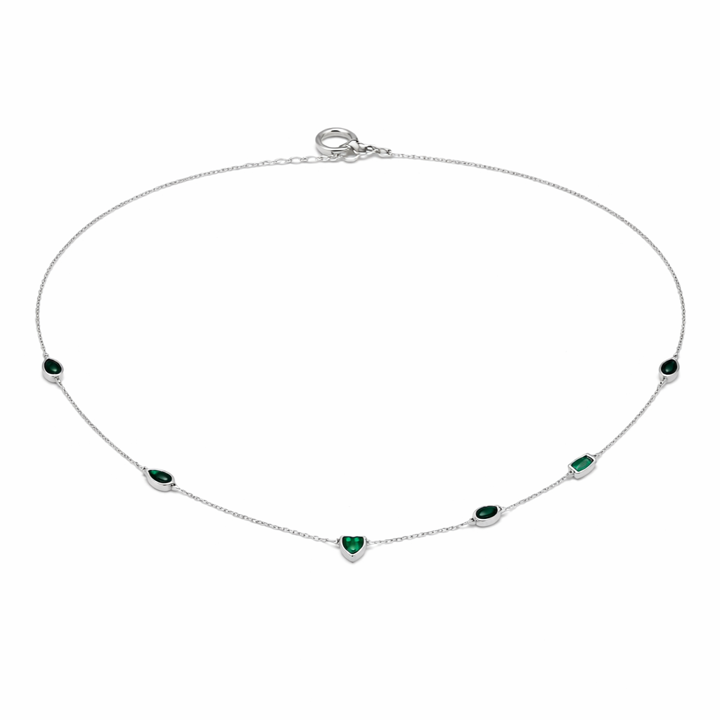 Collier Pierres Vertes Formes Cœur & Ovale Argent 925 Rhodié – Collier Femme Fin