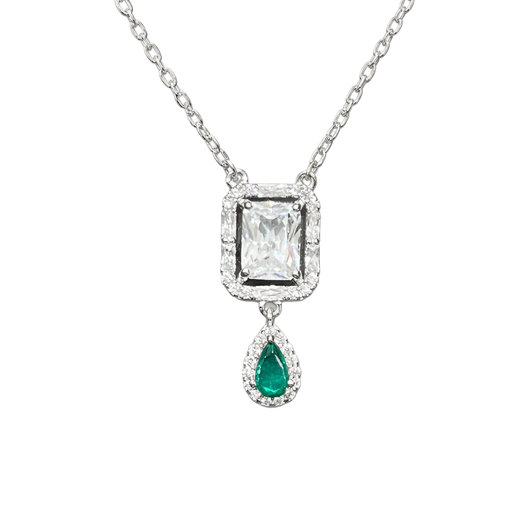 Collier Rectangulaire & Goutte Verte Argent 925 Rhodié – Collier Femme Élégant