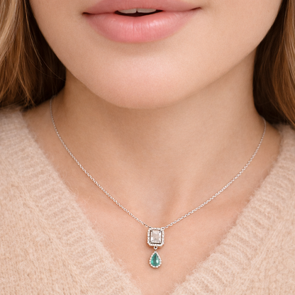 Collier Rectangulaire & Goutte Verte Argent 925 Rhodié – Collier Femme Élégant