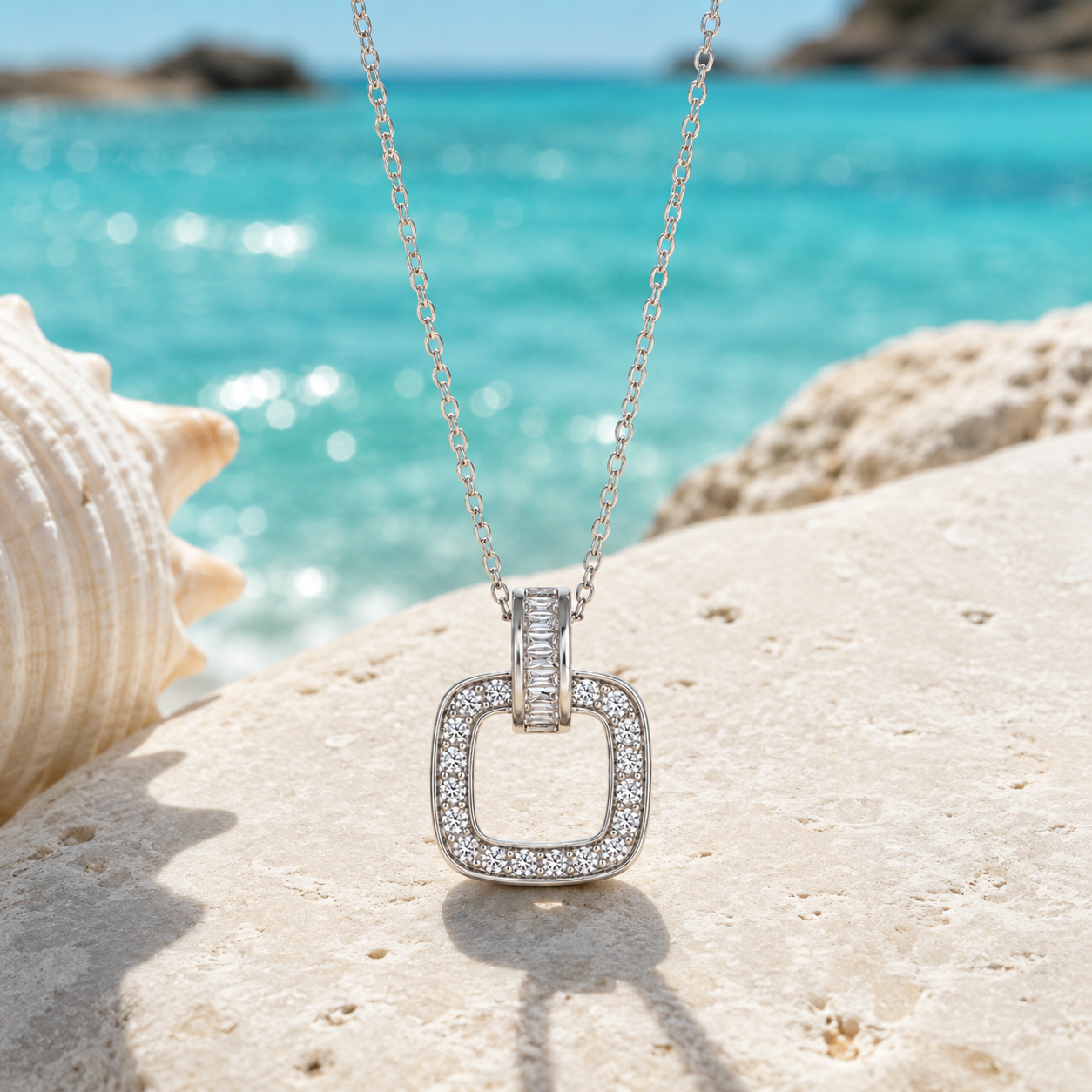 Collier Carré Argent 925 Rhodié avec Oxydes de Zirconium – Femme