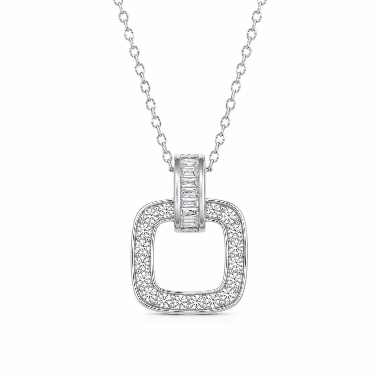 Collier Carré Argent 925 Rhodié avec Oxydes de Zirconium – Femme