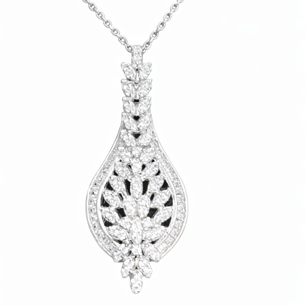 Pendentif feuille goutte pavé de zirconiums en argent 925 rhodié – Élégance végétale